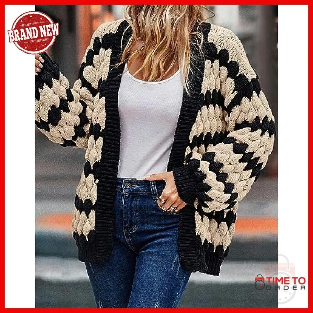 Chunky Knit Cardigan Open Front Lantern Sleeve Winter Sweater Cozy